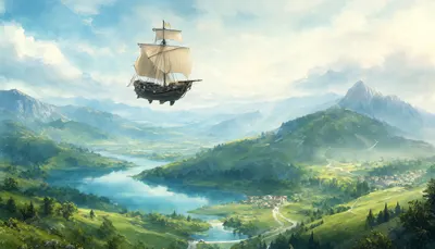 Fantasy Airship Above Green Valleys in watercolour