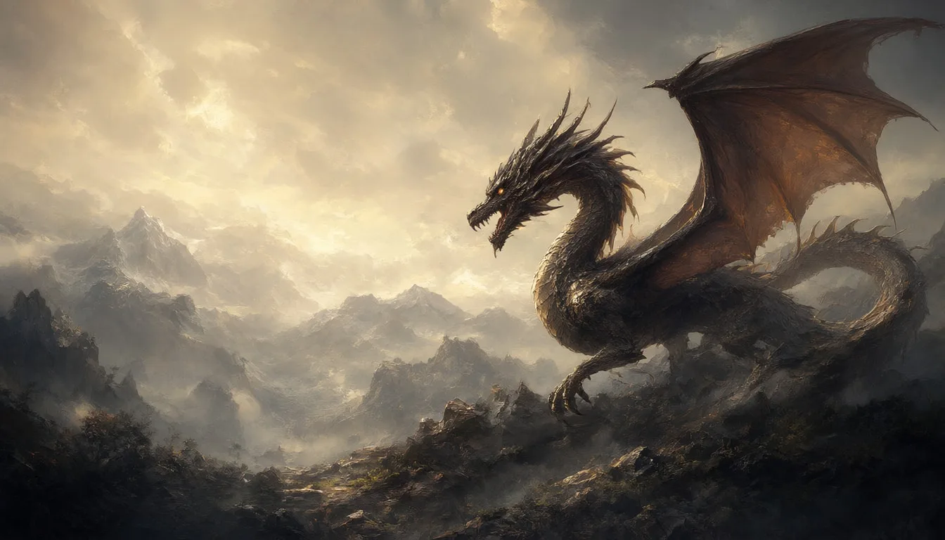 Fantasy Dragon Silhouette Over Mountains in an oil painting style