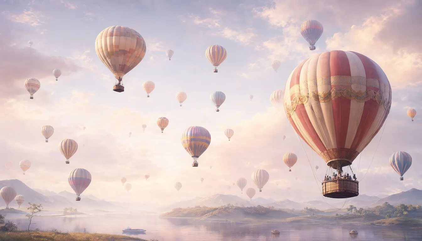 Fantasy Hot Air Balloons Over A Lake in a soft palette