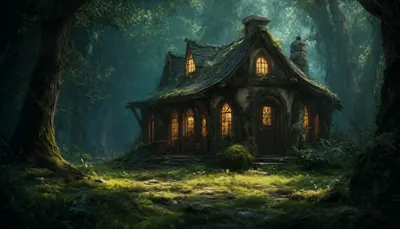 Fantasy Cottage In A Mossy Glade ในพาเลทท์สีเข้ม