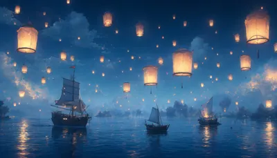 Fantasy Floating Lanterns Over Water in a cool palette