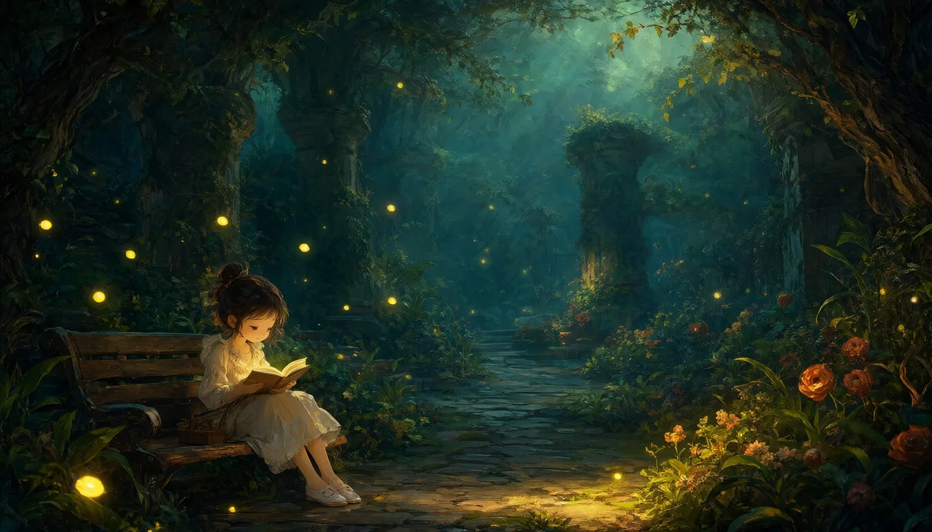 สวนแฟนตาซีพร้อมหิ่งห้อยในสไตล์ภาพวาดสีน้ำมัน