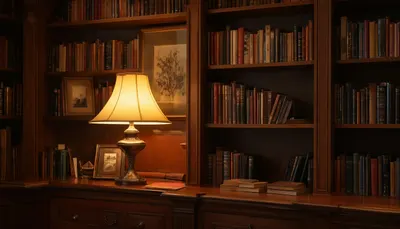 ชั้นวางหนังสือพร้อมโคมไฟโทนอุ่นในโทนสีอบอุ่น