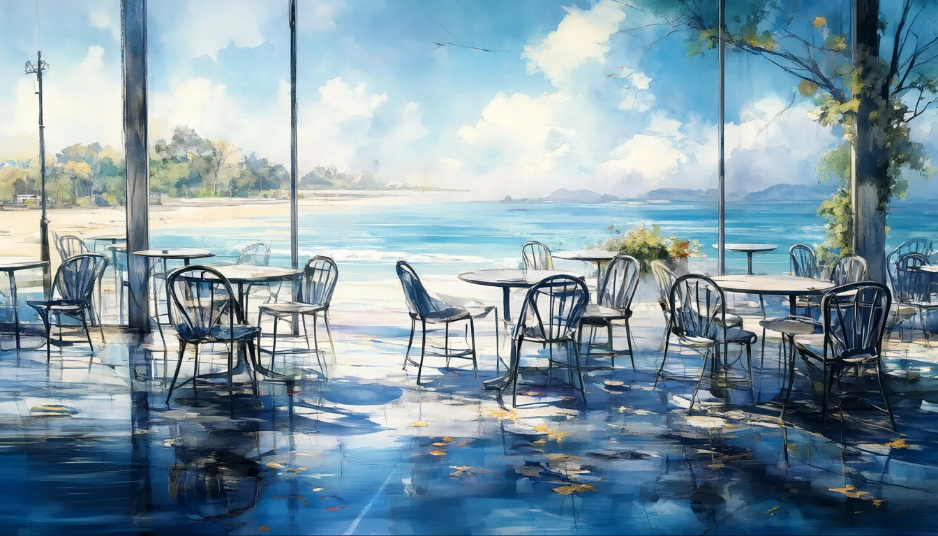 คาเฟ่ริมทะเลพร้อมเก้าอี้ว่างในสีน้ำ
