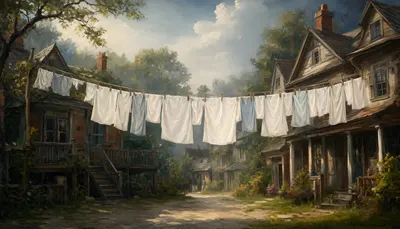 Laundry Line Between Old Houses in an oil painting style