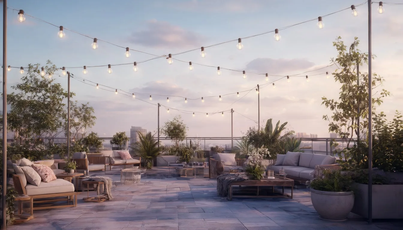 Rooftop Terrace With String Lights in a soft palette
