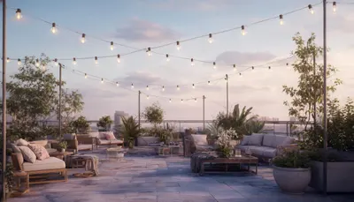 Rooftop Terrace With String Lights in a soft palette