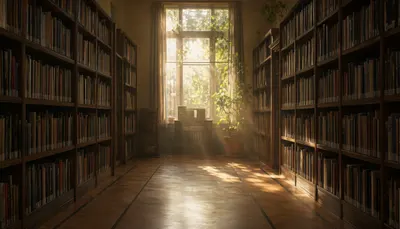 Quiet Library Aisle With Sunbeams in a deep palette