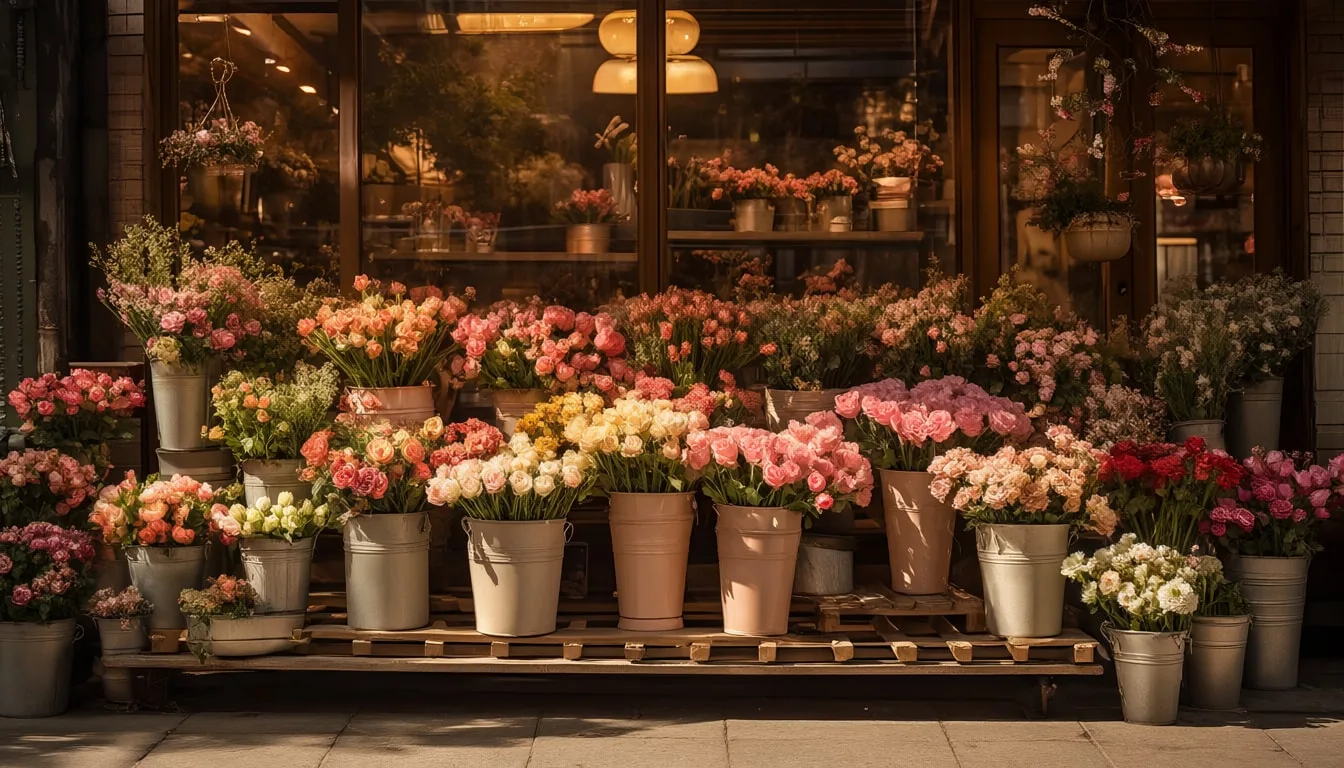 Flower Shop Front With Buckets in a warm palette