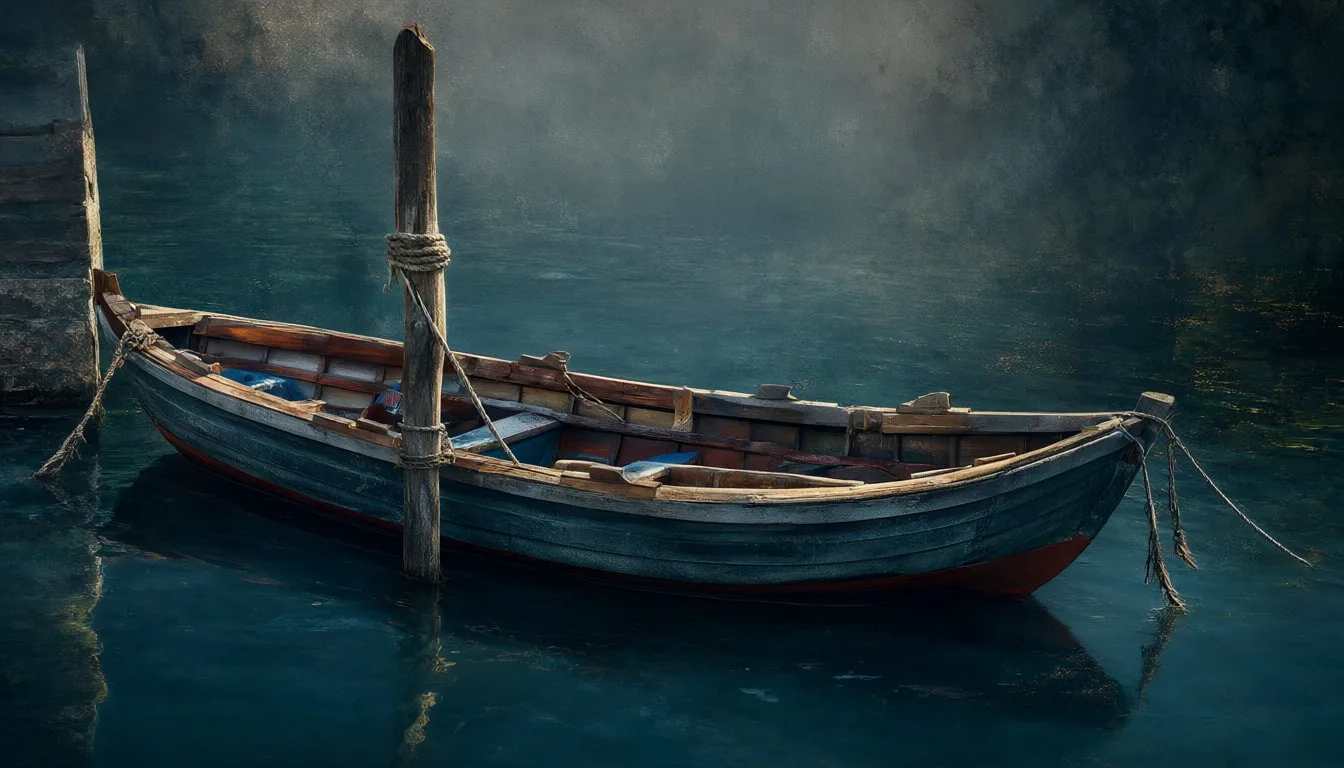 เรือลำเล็กจอดอยู่ในคลองอันเงียบสงบพร้อมลายไม้อันละเอียดอ่อน