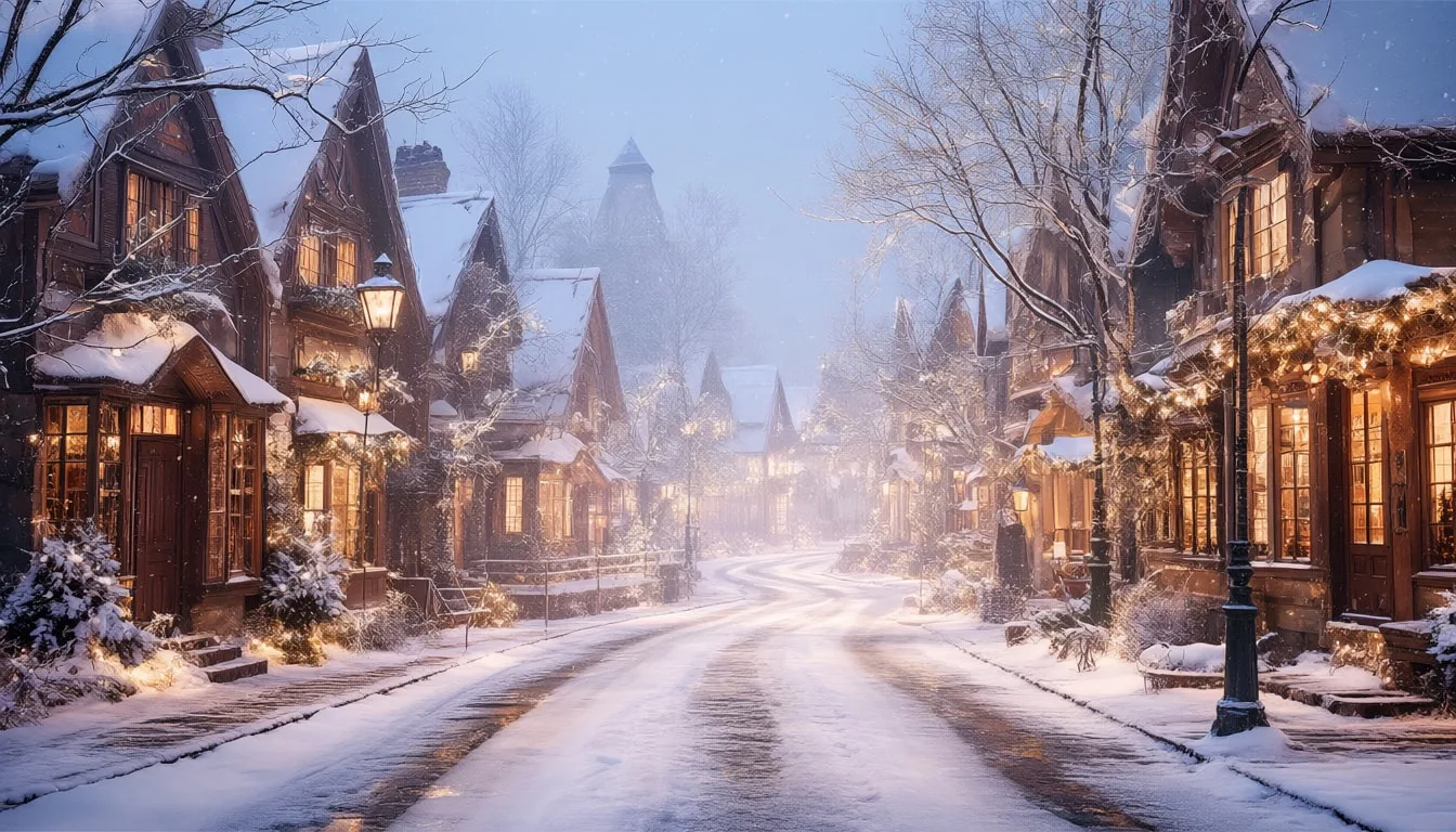 Snowy Village Street With Warm Lights in a soft palette