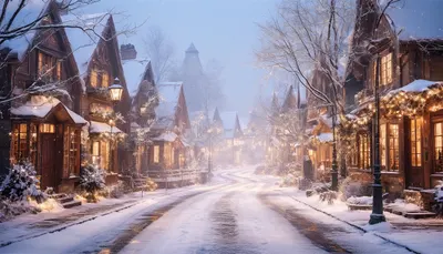 Snowy Village Street With Warm Lights in a soft palette