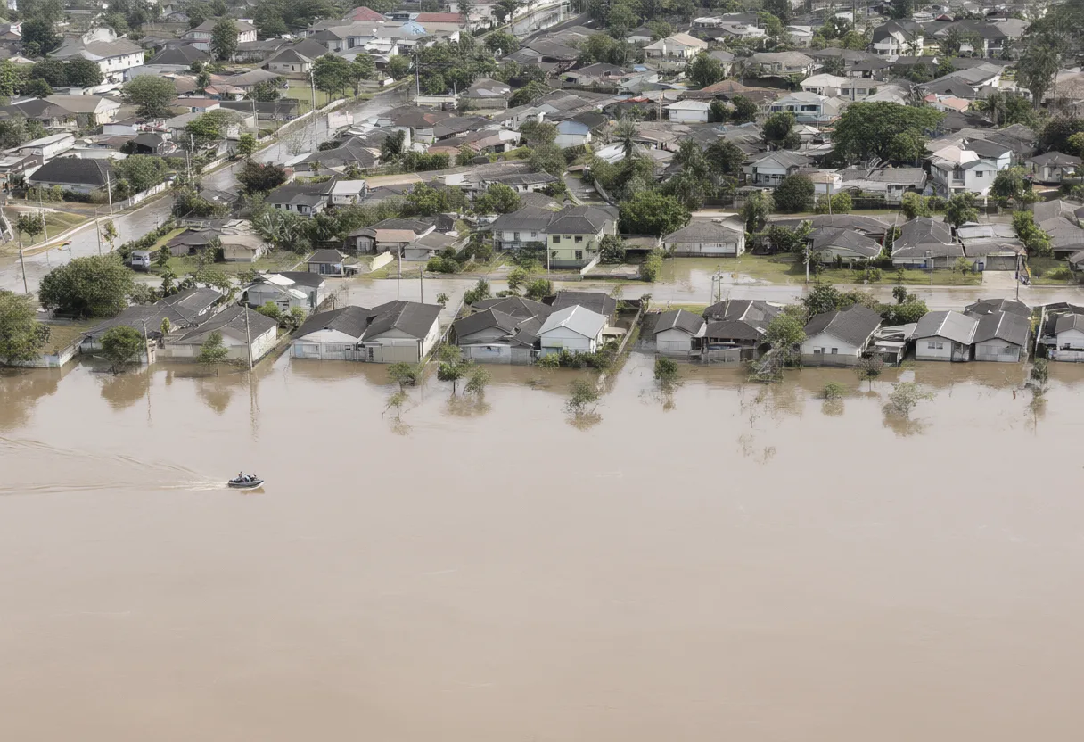 Aerial view of a flooded neighbourhood with only rooftops above the water