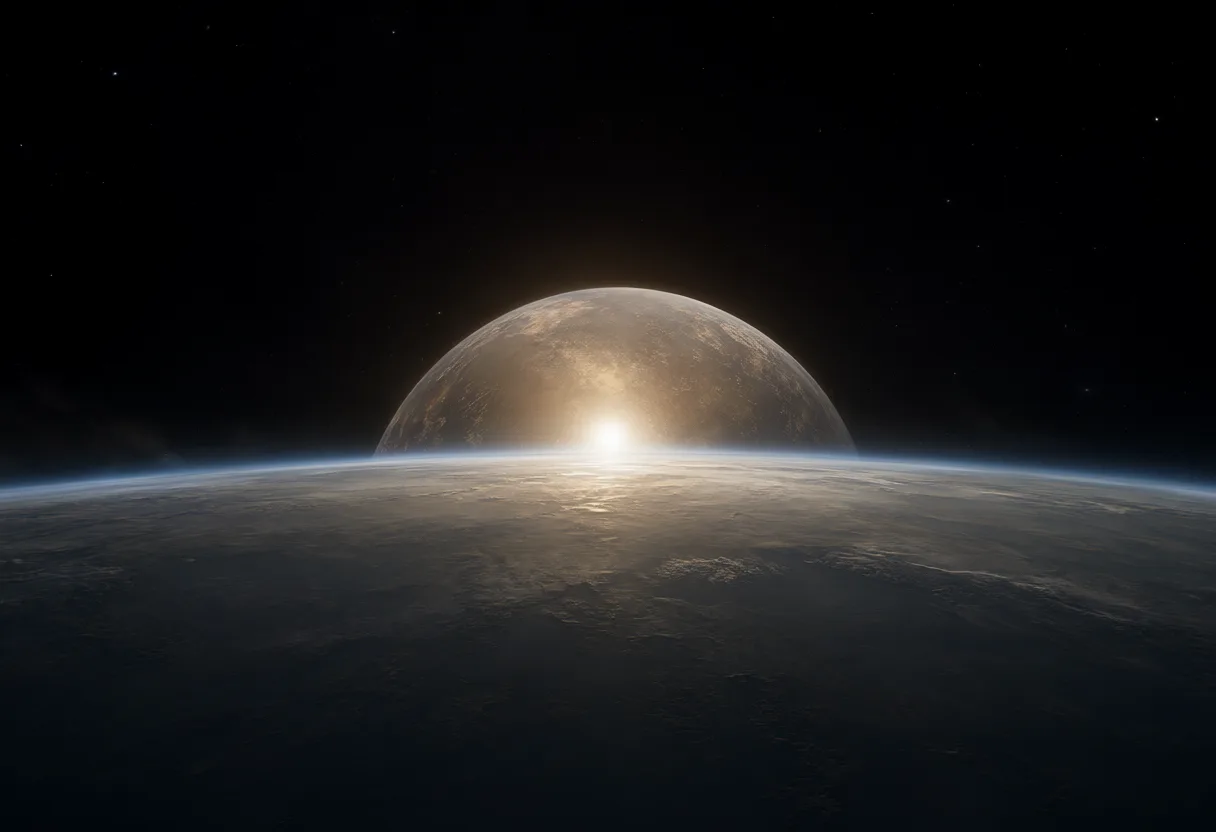 Planet with atmospheric haze lit by its star in deep space