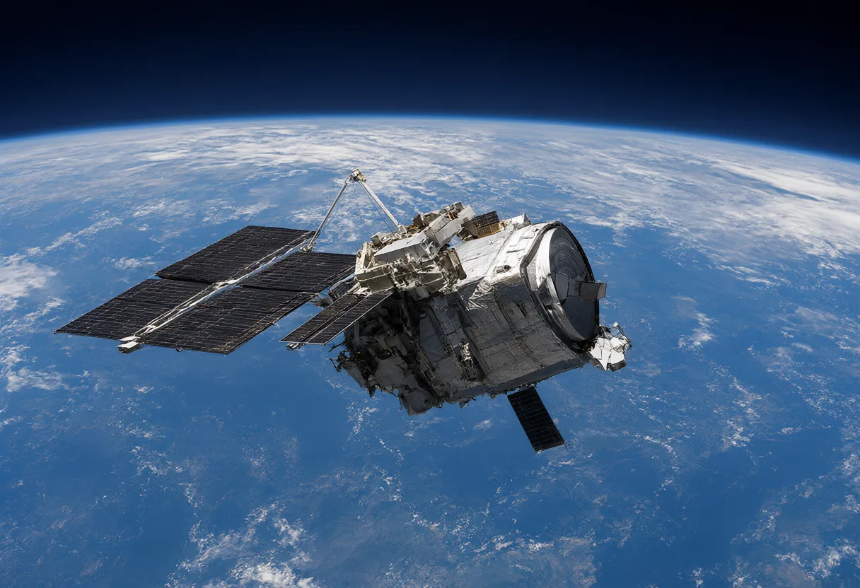 Communications satellite orbiting above Earth with solar panels deployed