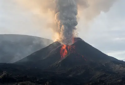 Volcanic Eruption with Ash Plume and Lava