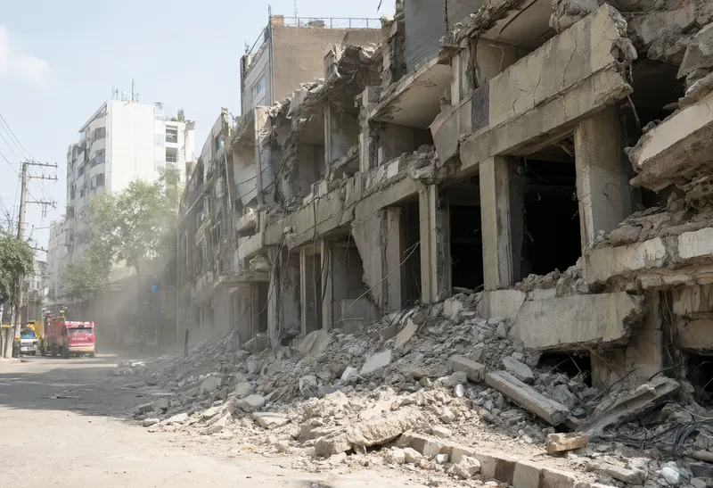 Earthquake-damaged street with cracked buildings and rubble