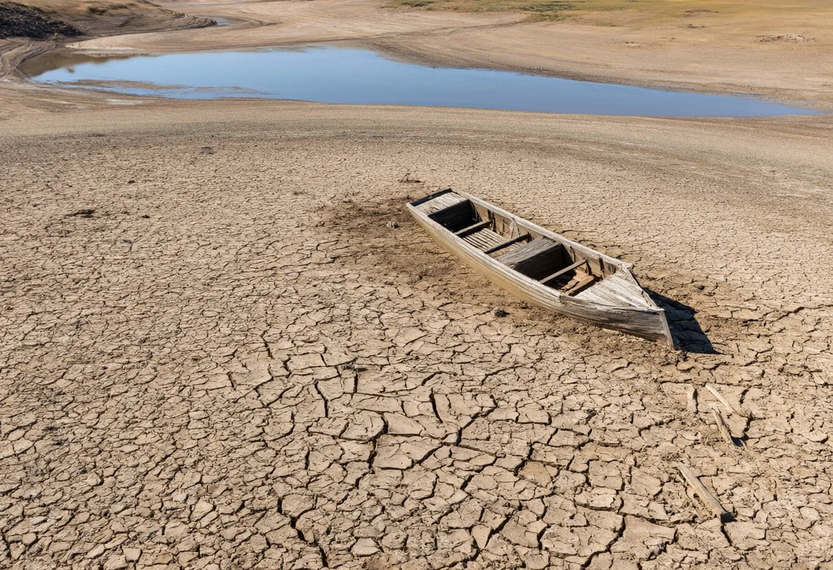 Aerial view of a dried reservoir with cracked mud and an abandoned boat