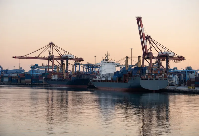 Container port at dawn with cranes, containers and a cargo ship