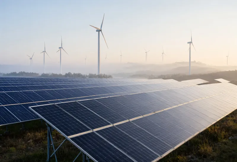 Solar Farm and Wind Turbines at Sunrise