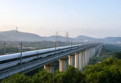 High-Speed Train Crossing a Valley Viaduct