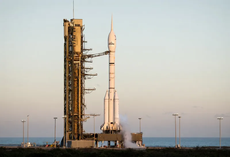 Rocket Standing on a Coastal Launch Pad at Dawn