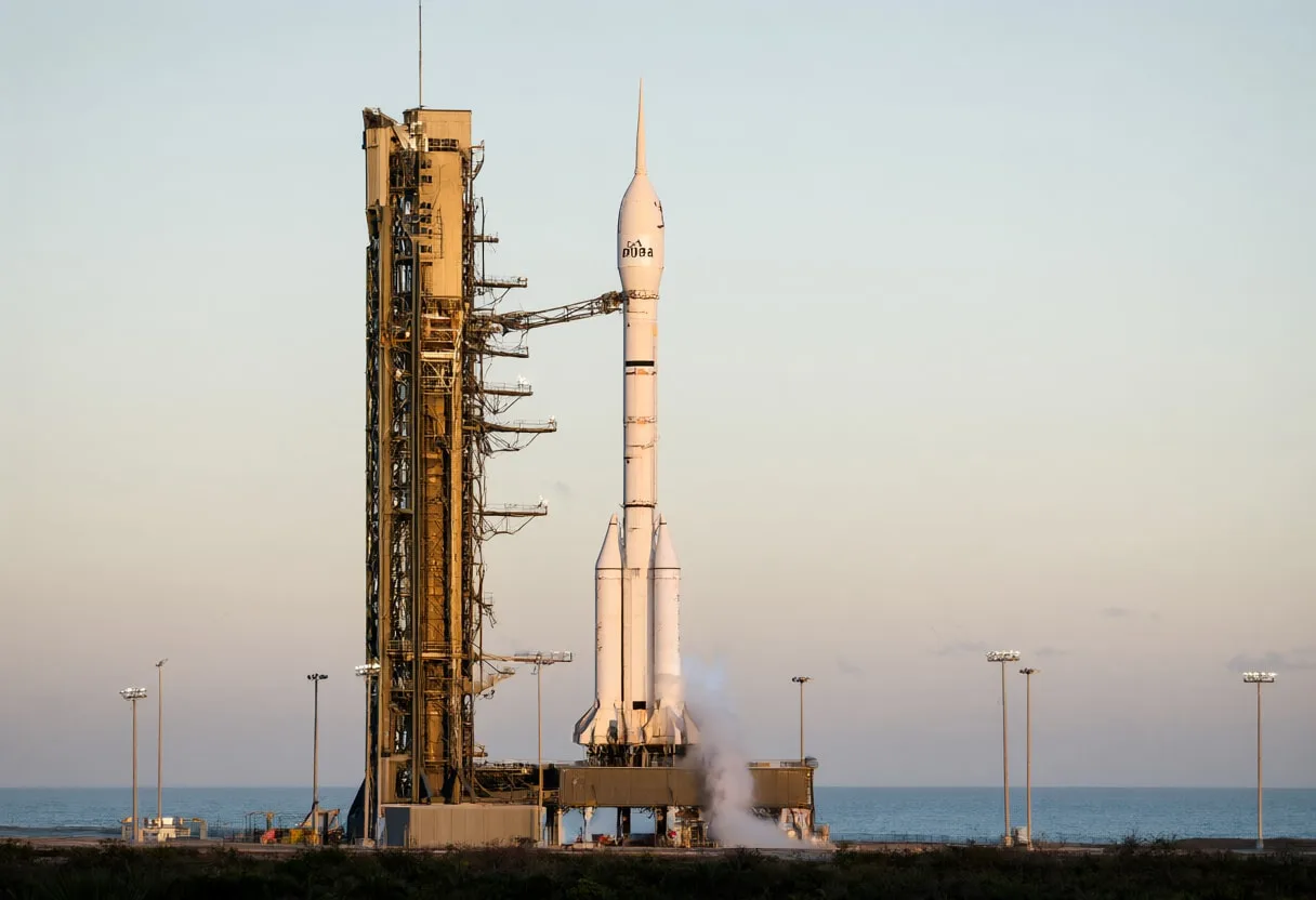 Rocket Standing on a Coastal Launch Pad at Dawn