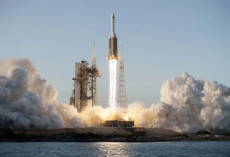 Rocket Launching with a Towering Smoke Plume at Dusk