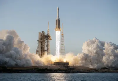 Rocket Launching with a Towering Smoke Plume at Dusk
