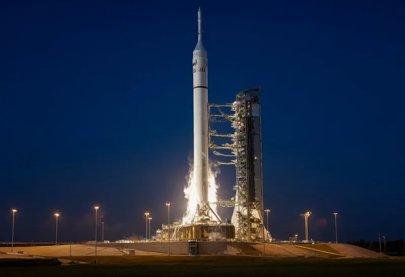 Rocket at Night with Floodlit Pad