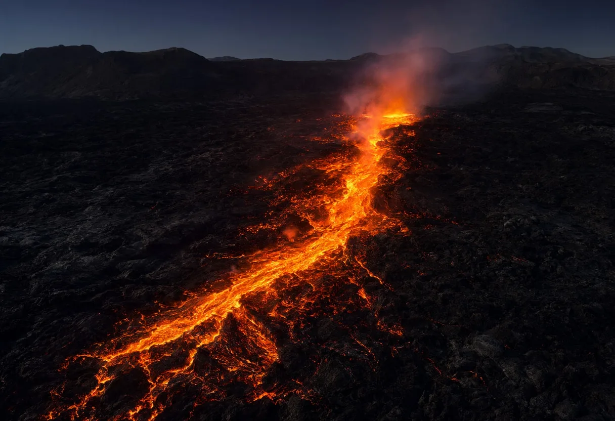 Lava Flow at Night from Above