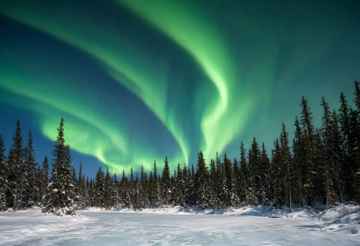 Aurora over Snowy Pines