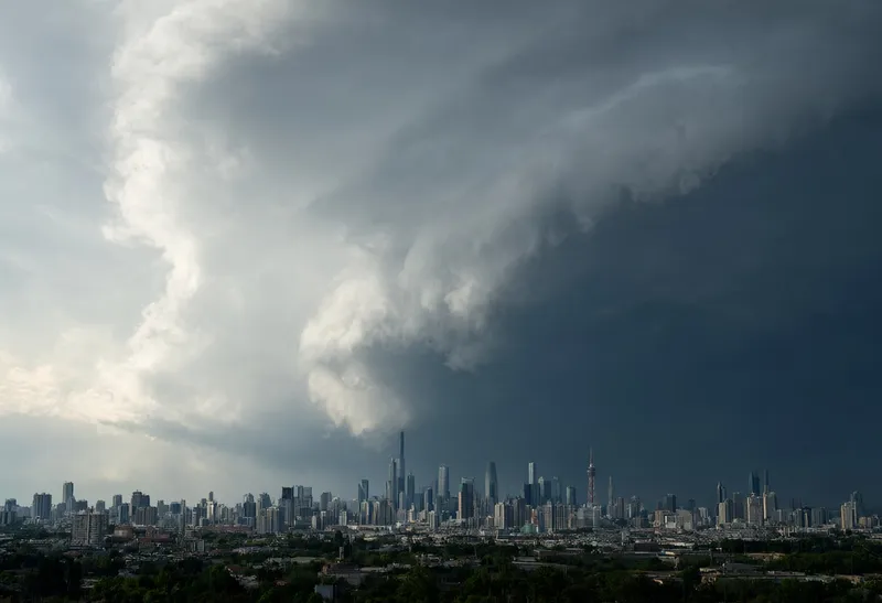 City Skyline with Approaching Storm