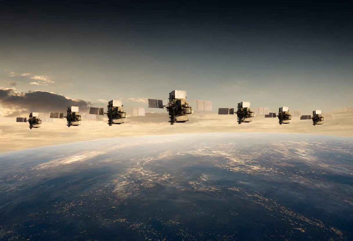 Satellite Constellation over the Terminator Line at Dusk