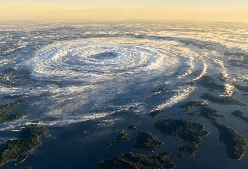 Typhoon Bands over Island Chains at Dusk