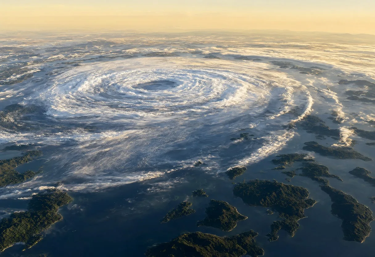 Typhoon Bands over Island Chains at Dusk