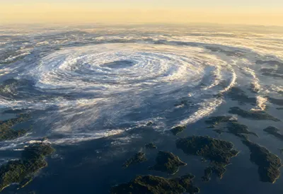 Typhoon Bands over Island Chains at Dusk