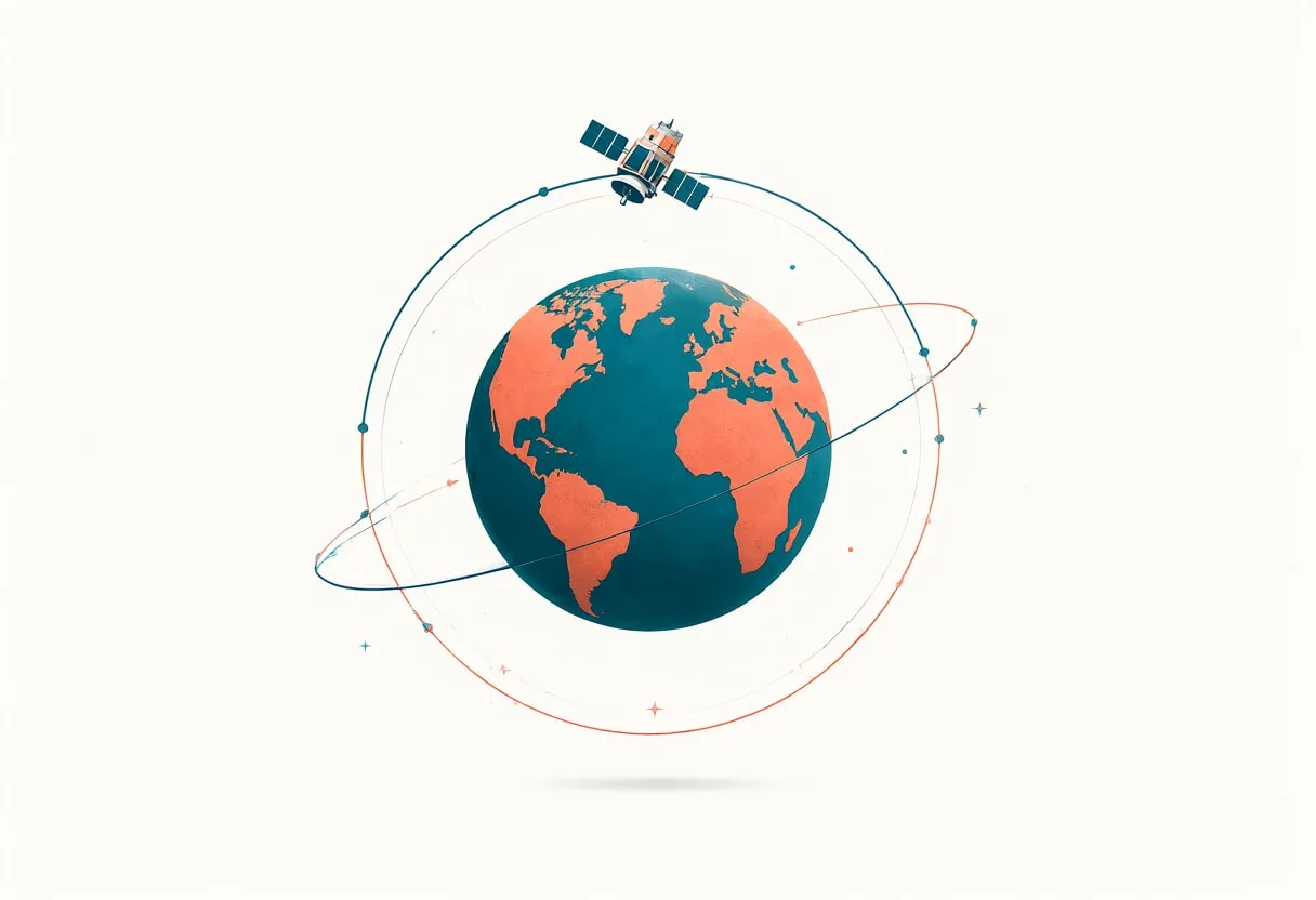 Satellite in a Circular Orbit Ring — Teal & Coral Symbol