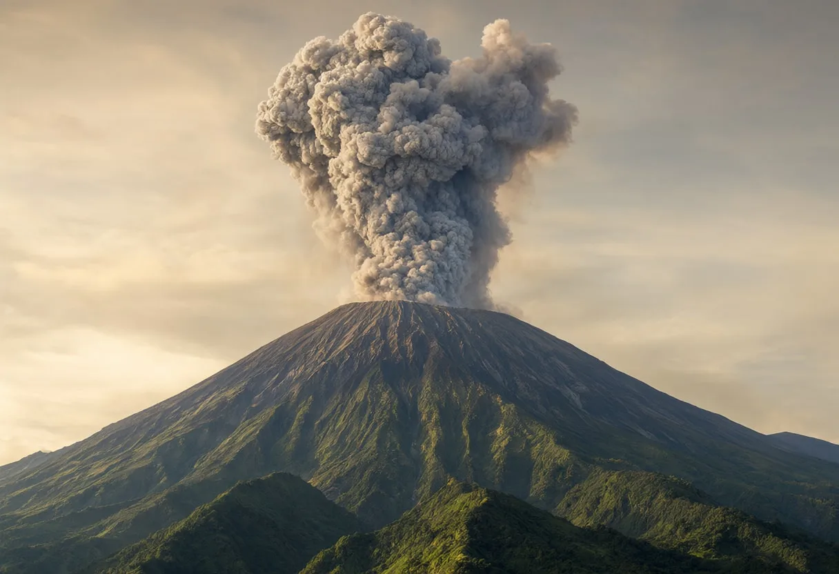 Volcano Erupting with Ash Plume at Dusk