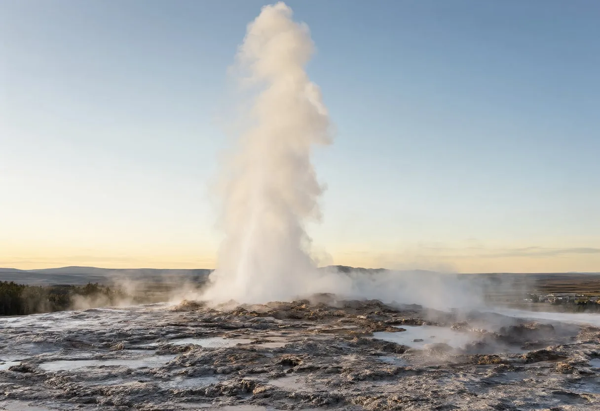 Geothermal Geyser Erupting at Dusk
