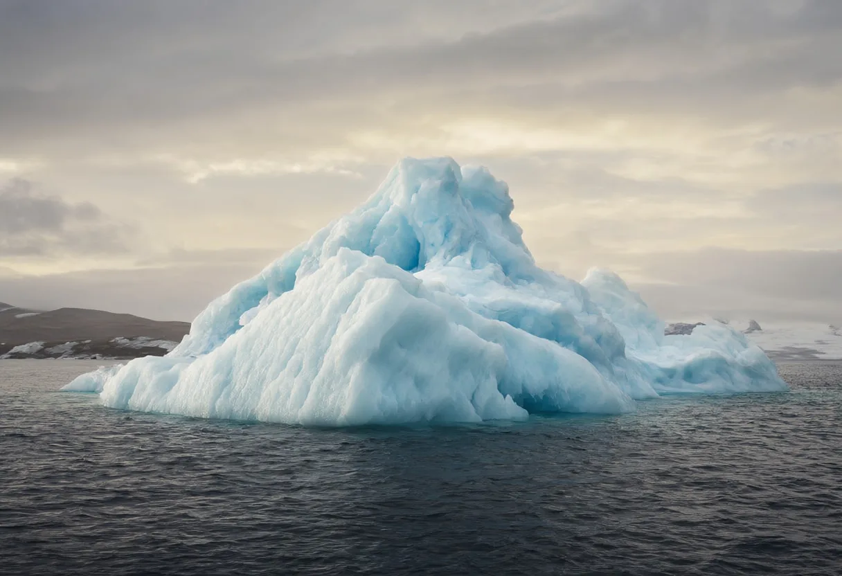 Iceberg Floating in Calm Water at Dusk