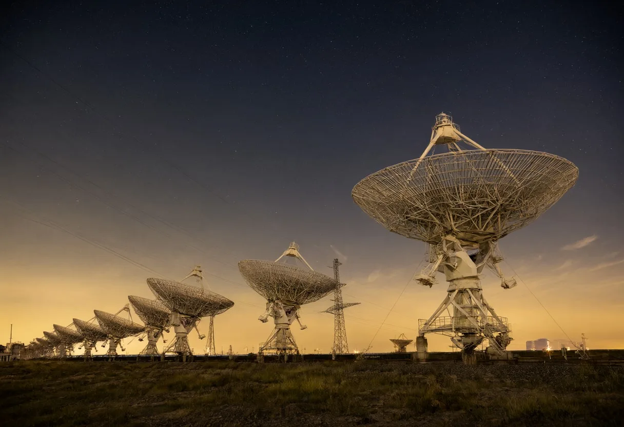 Radio Telescope Array under Stars at Dusk