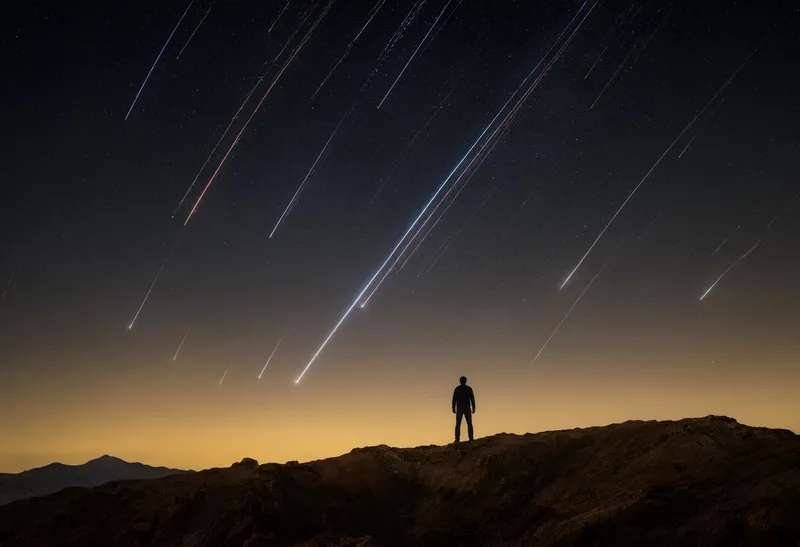 Meteor Shower over a Desert Ridge at Dusk