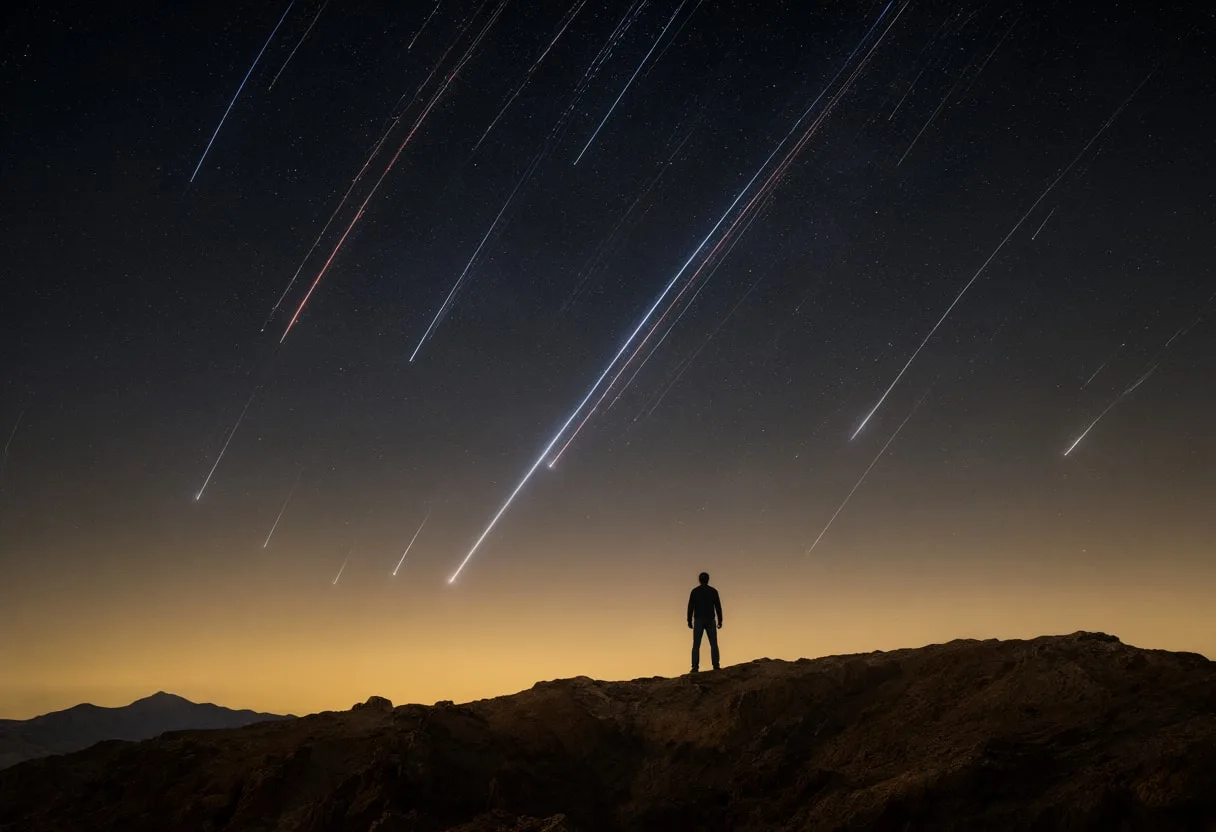Meteor Shower over a Desert Ridge at Dusk