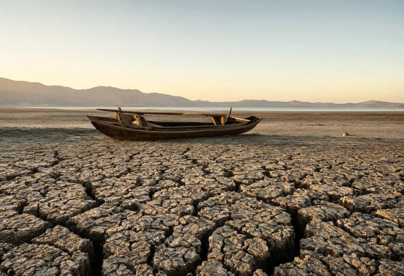 Dried Lake with a Stranded Boat at Dusk