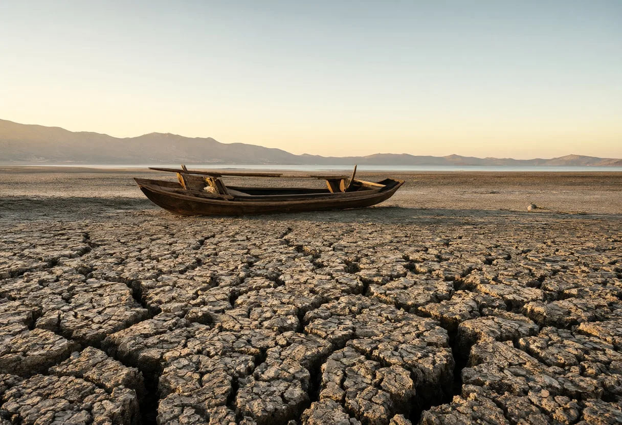Dried Lake with a Stranded Boat at Dusk