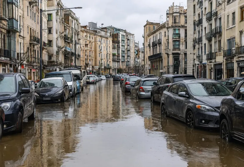 Urban Street Flooded after Heavy Rain