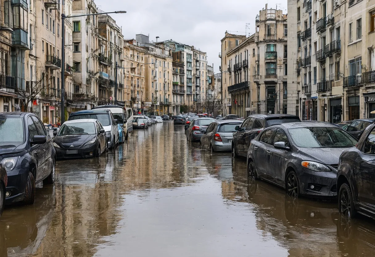 Urban Street Flooded after Heavy Rain