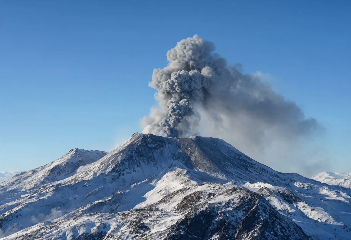 Ash Plume above Snow Covered Slopes