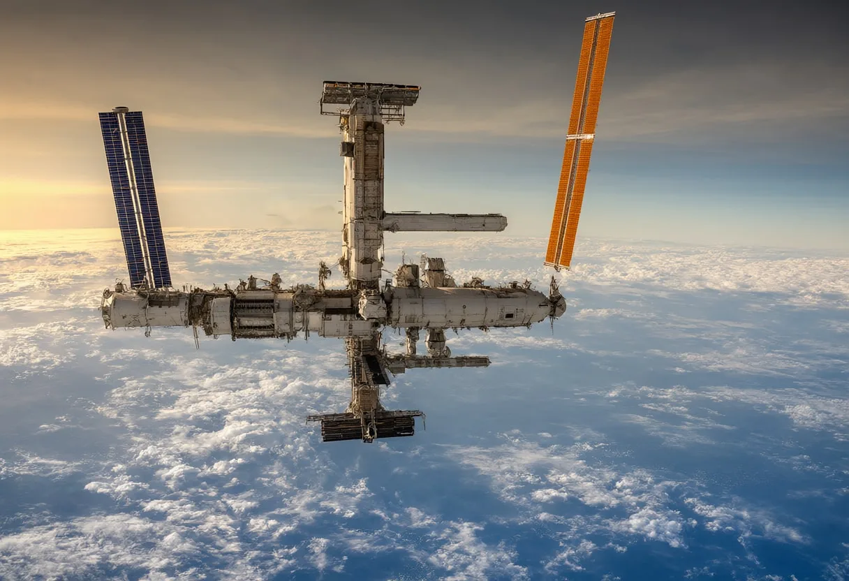 Space Station above Clouds at Dusk